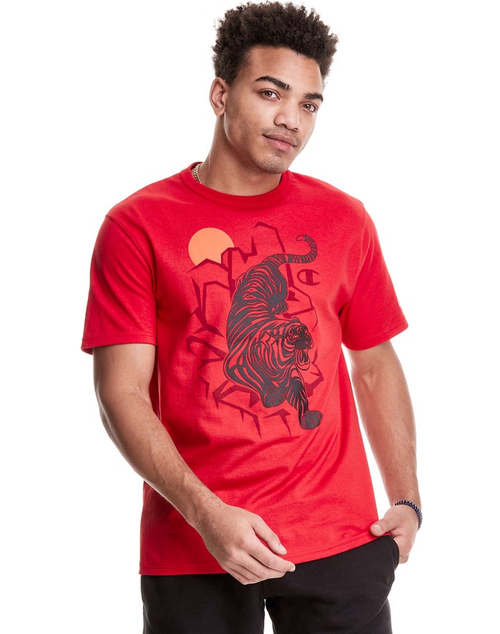 Champion Herre T-Shirts Rød - Heritage Sprawling Tiger - Danmark IRA-056284